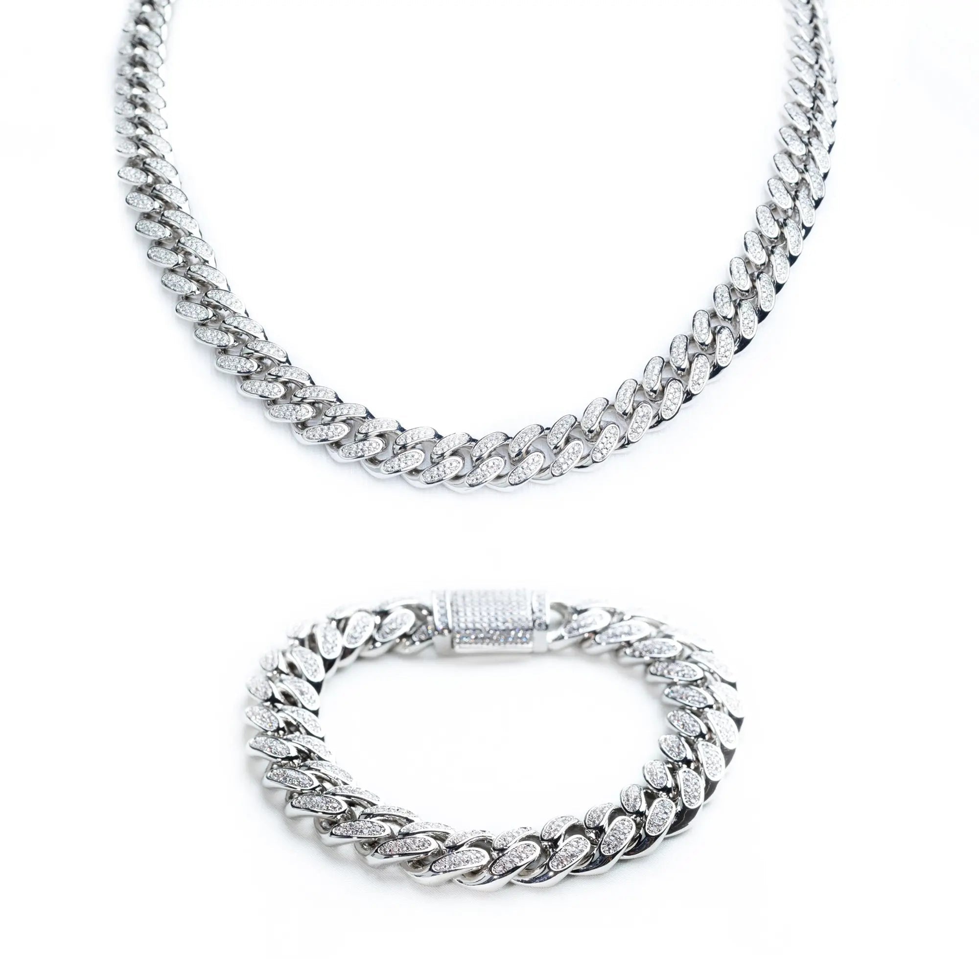 12mm Iced Miami Cuban Link Chain + Bracelet - Silver - Vintress Fashion