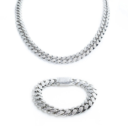 12mm Iced Miami Cuban Link Chain + Bracelet - Silver - Vintress Fashion