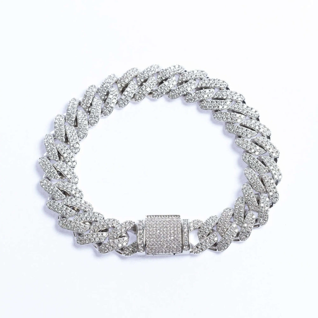 12mm Iced Prong Cuban Link Bracelet - Silver - Vintress Fashion