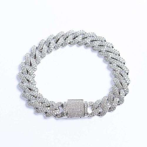 12mm Iced Prong Cuban Link Bracelet - Silver - Vintress Fashion