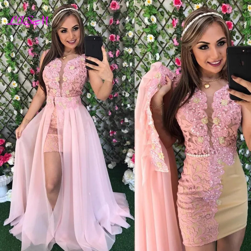 Elegant 2 Pieces Prom Dresses Lace Appliques Pearls Side Slit Evening Gowns Cap Sleeves Chiffon Formal Women Dress
