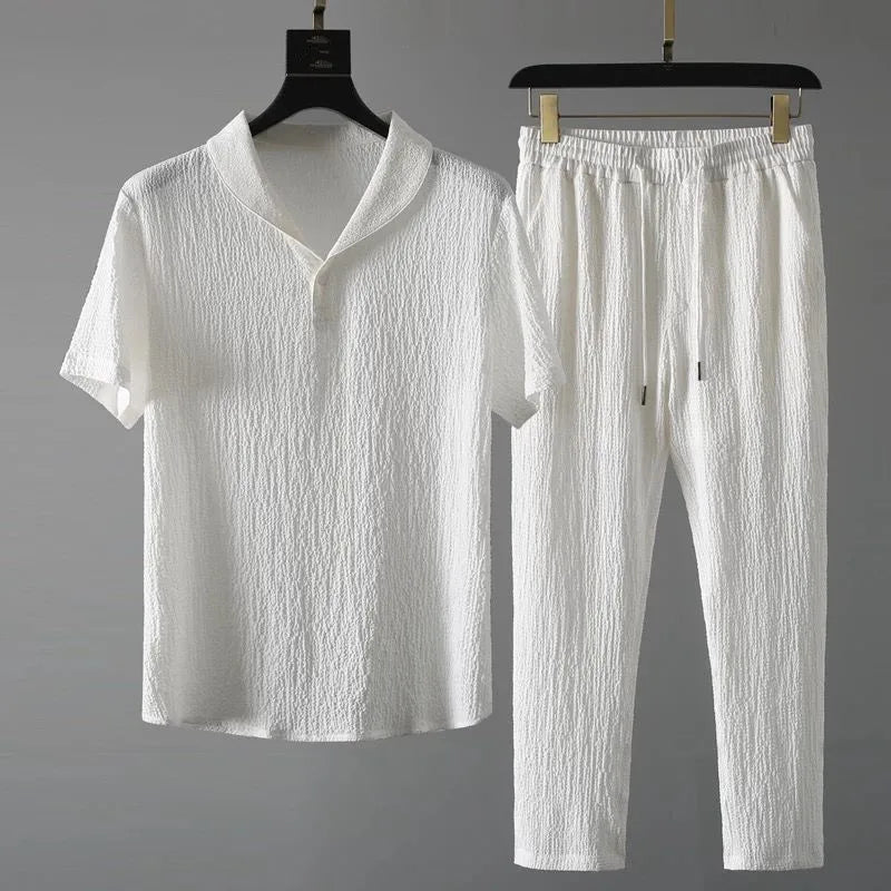 Summer Sets Men Fashion Thin Sports Suit for Men Solid Color T-Shirt and Full Length Pants Male Jogger Sets Casual Streetwear