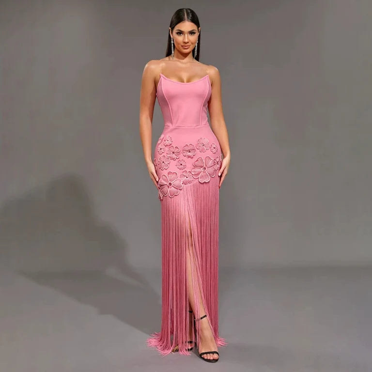 Elegant Patchwork Tassel Sexy Strapless Sleeveless Flower Long Sheath Party Gown Formal Birthday Evening Women's Clothing