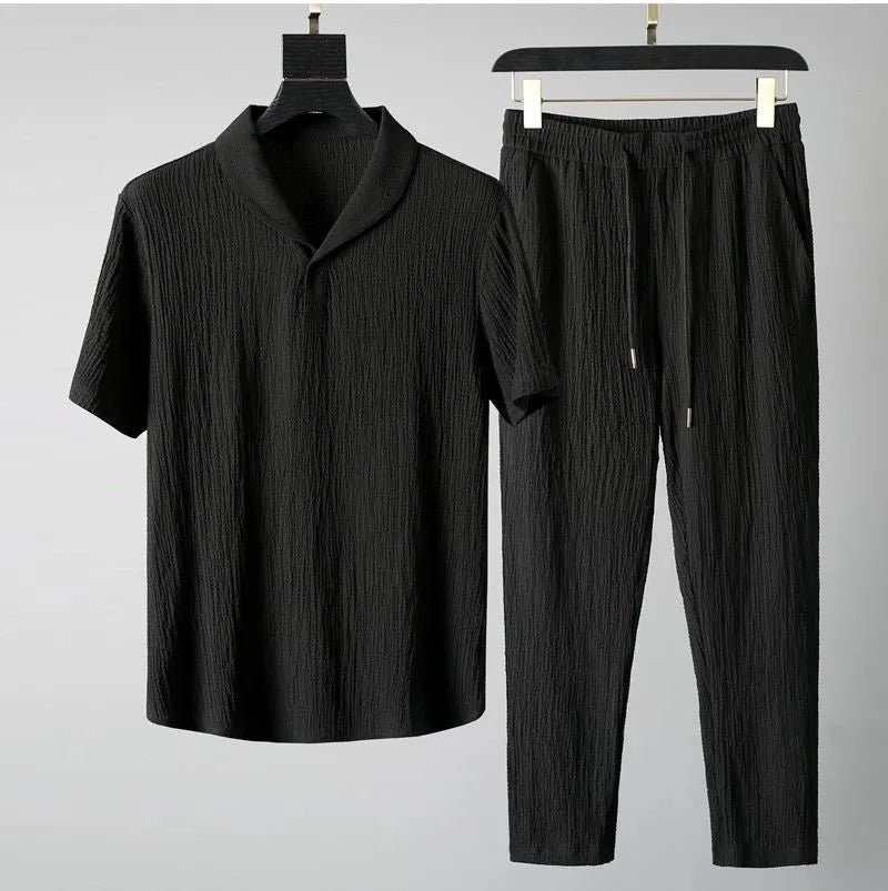 Summer Sets Men Fashion Thin Sports Suit for Men Solid Color T-Shirt and Full Length Pants Male Jogger Sets Casual Streetwear