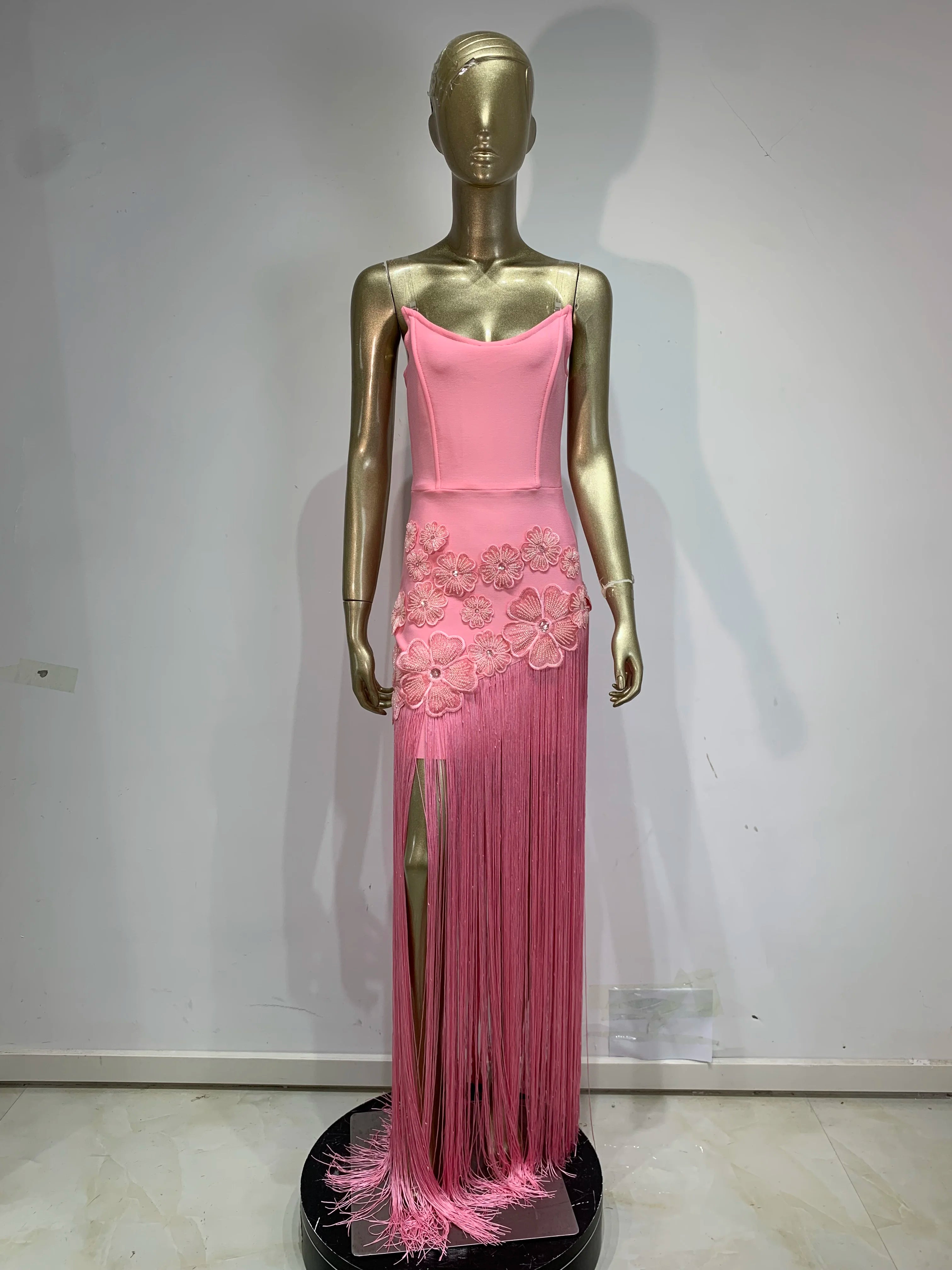 Elegant Patchwork Tassel Sexy Strapless Sleeveless Flower Long Sheath Party Gown Formal Birthday Evening Women's Clothing