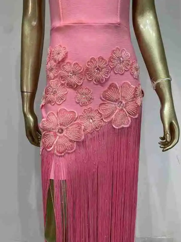 Elegant Patchwork Tassel Sexy Strapless Sleeveless Flower Long Sheath Party Gown Formal Birthday Evening Women's Clothing