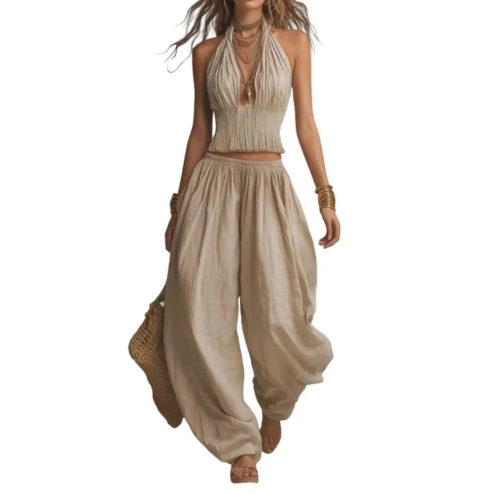 Women's Halter Sleeveless Summer 2 Piece Sets, Pleated Ruffle Backless V Neck Top And Wide Leg Pants Matching Outfits Women