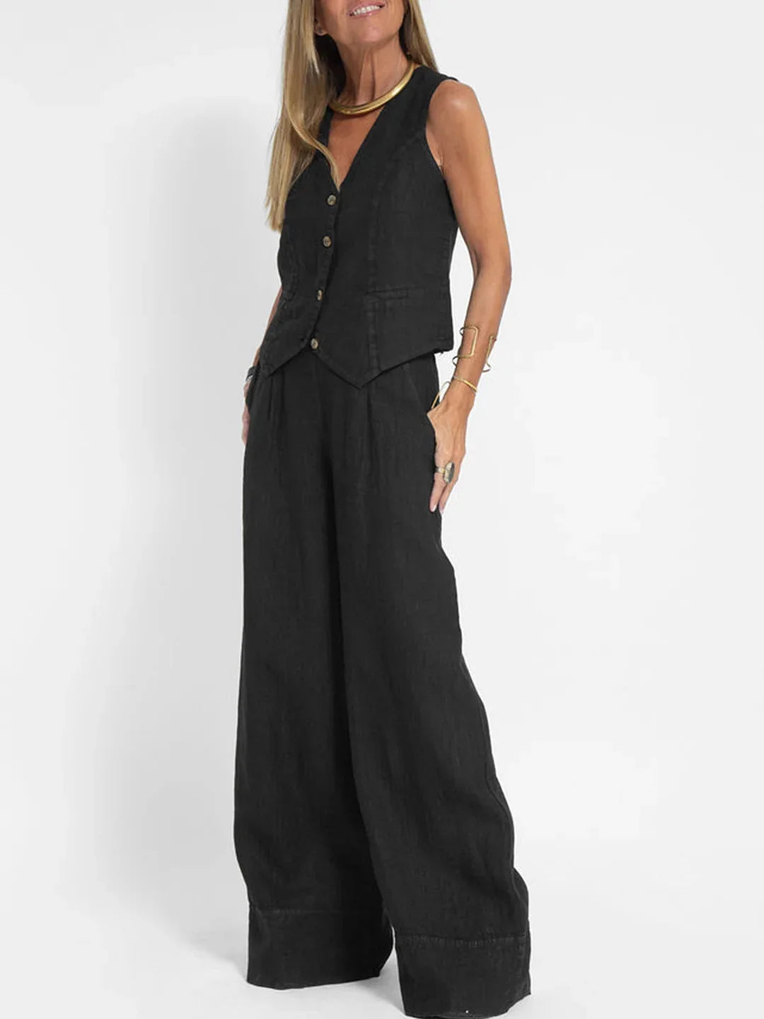 2025 New Women Vest Top + Trousers Patchwork Cotton Linen Casual Suit Summer Solid Women Vest Top + Wide Leg Pants Two Peice Set