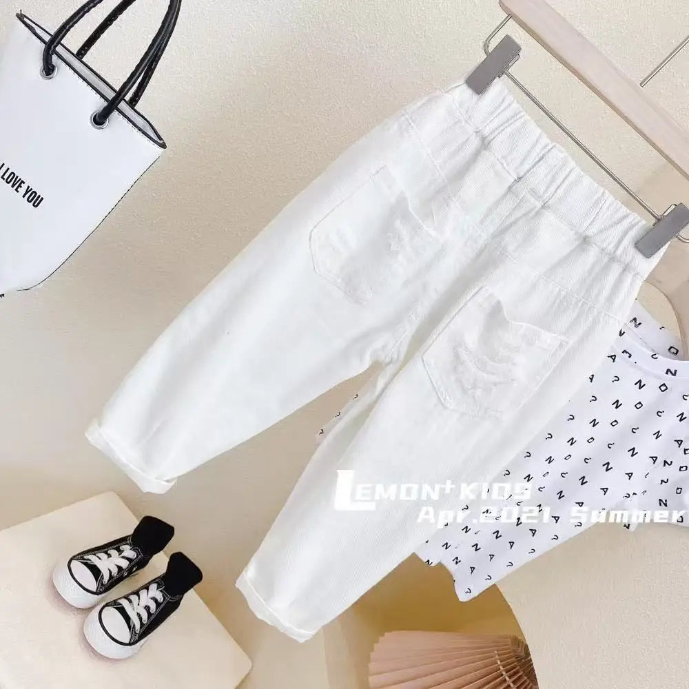 Children's Clothing Spring and Summer New Styles for Boys and Girls Washed Ripped Jeans Children's Cropped Pants Trend 1-12Y