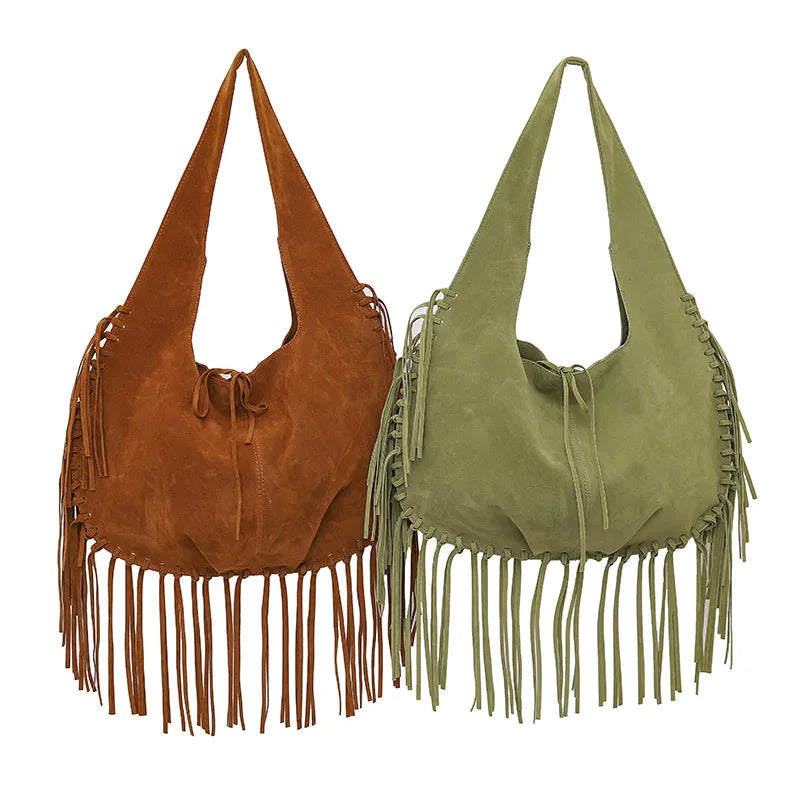Tassel Crossbody Bag For Women Large Capacity Shoulder Bags Commuter Suede Travel Handbags Solid Color Purse Handbags