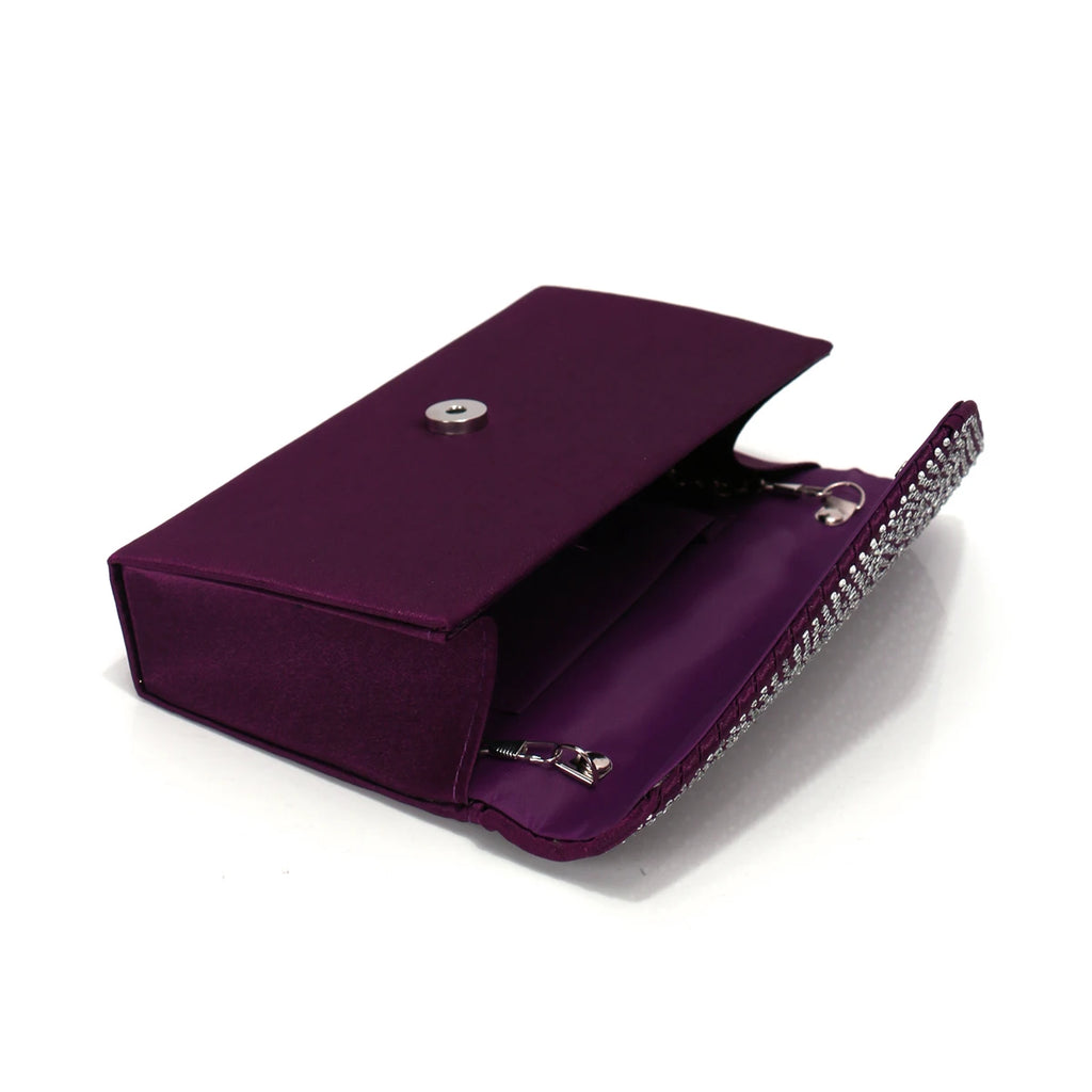 Rhinestones Women Evening Bags Small Envelope Design Handbags Satin Shoulder Chain Handbags Glitter Purple Color Cocktail Purse