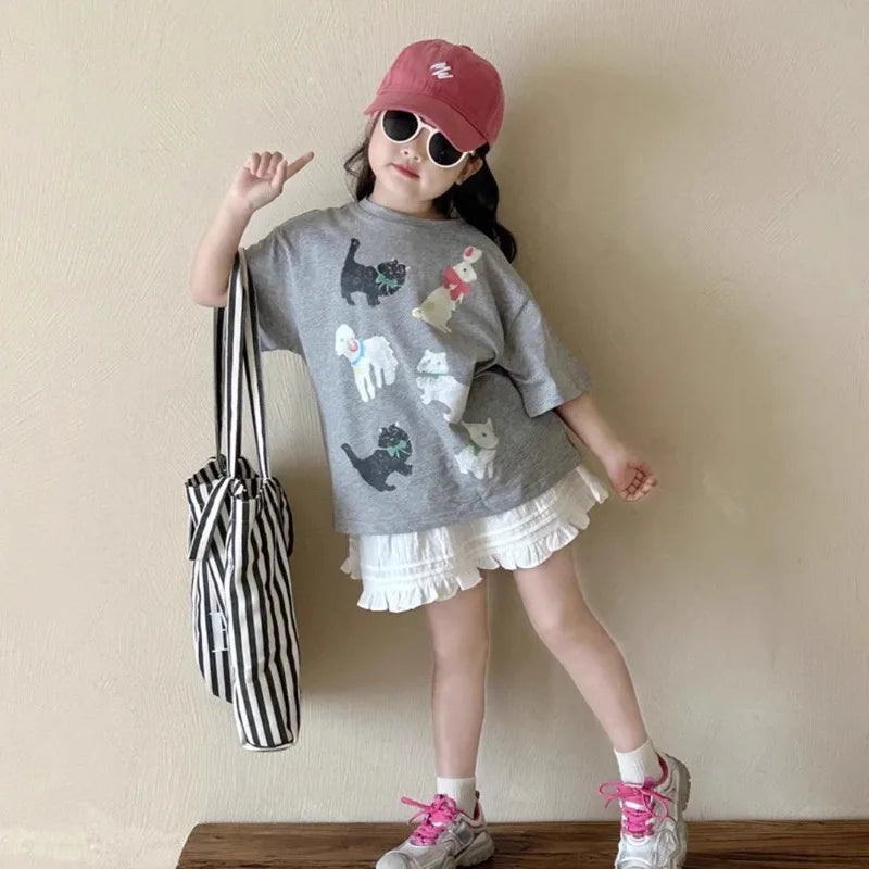 Girls Kids Summer T-Shirt 2026 New Cute Cartoon Print Short Sleeve Tee Casual Loose Fit 100% Cotton Top for Hot Weather