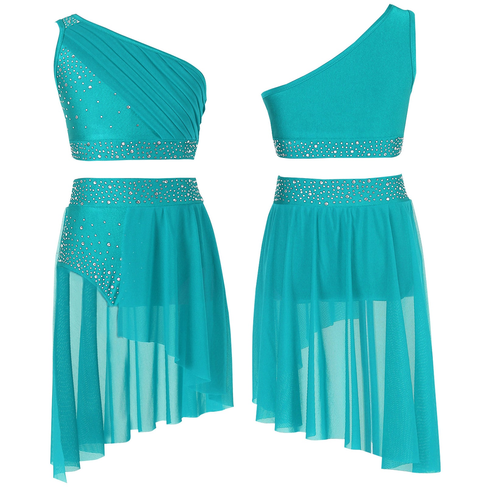 Teen Girls Modern Lyrical Dance Performance Outfit One Shoulder Crop Top with Leotard Skirt for Jazz Skating Ballet Gymnastics