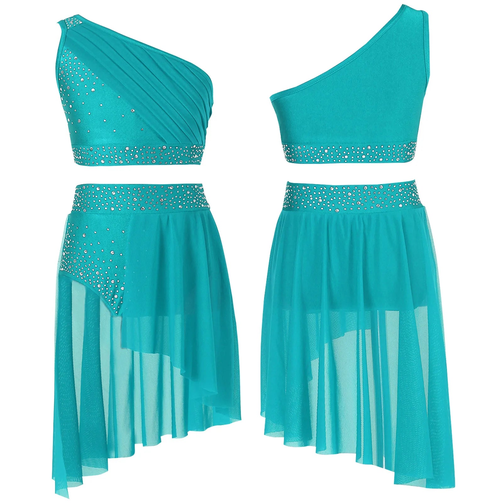 Teen Girls Modern Lyrical Dance Performance Outfit One Shoulder Crop Top with Leotard Skirt for Jazz Skating Ballet Gymnastics