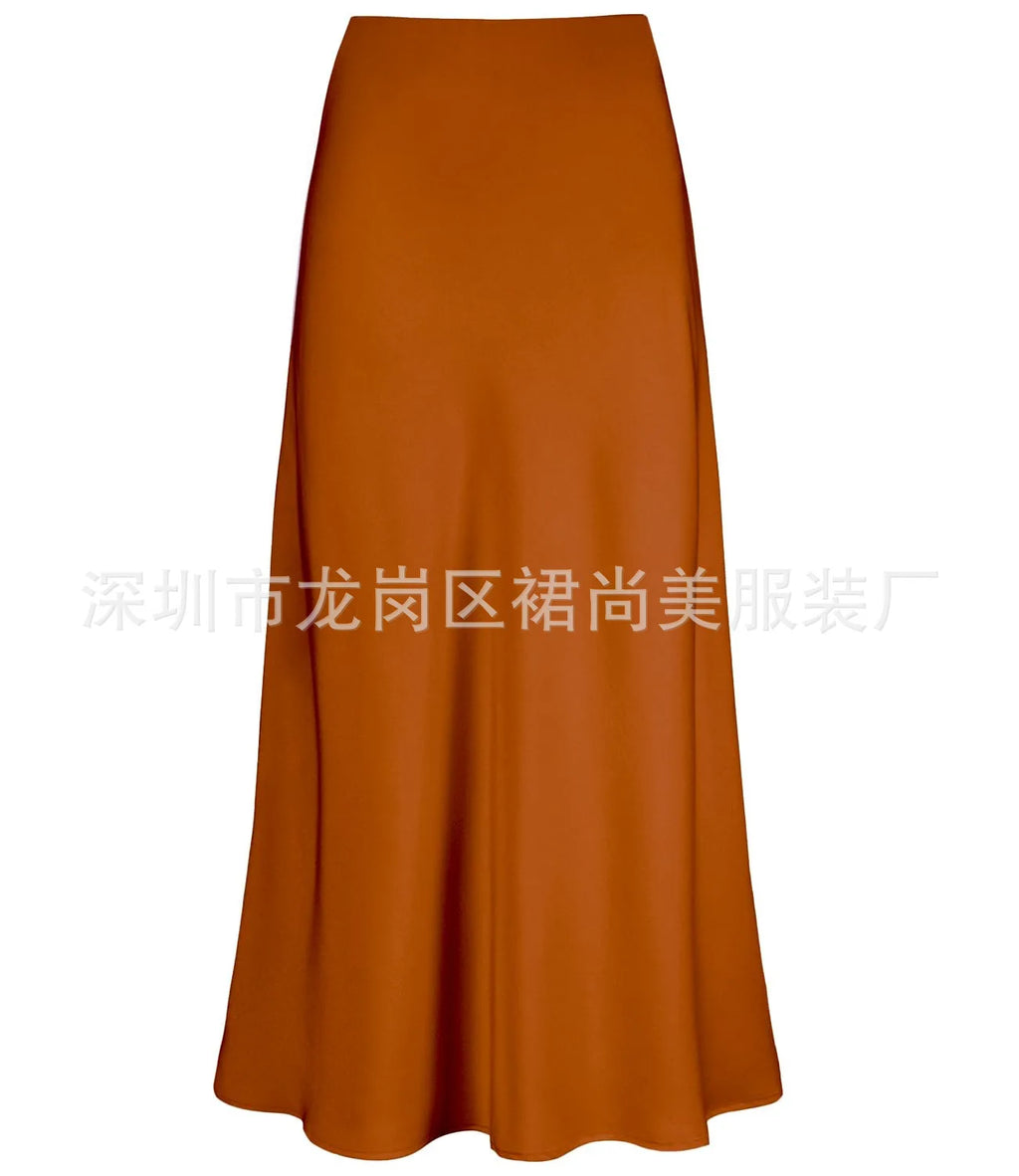 Elegant Faux Silk Satin Skirts for Women High Waist A-line Office Lady  Solid Color Glossy Finish Fishtail Skirt