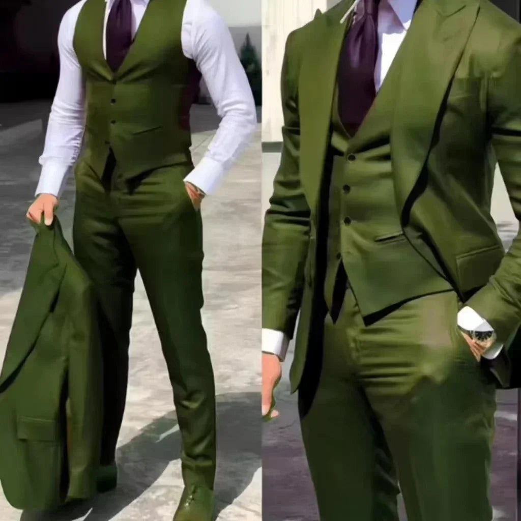 Men's 3-Piece Slim Fit Tuxedo Suits for Wedding Peaked Lapel Groomsmen Blazer Pant Vest Set Business Dress Code