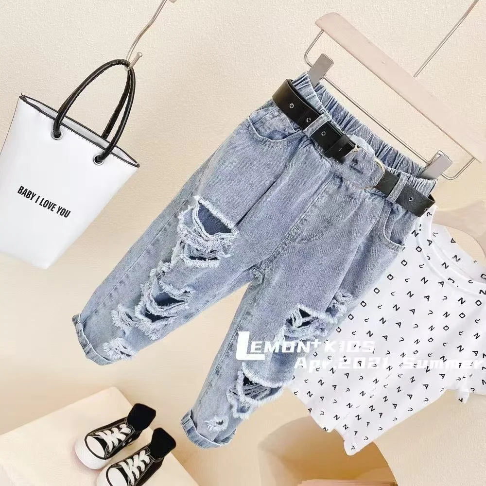 Children's Clothing Spring and Summer New Styles for Boys and Girls Washed Ripped Jeans Children's Cropped Pants Trend 1-12Y