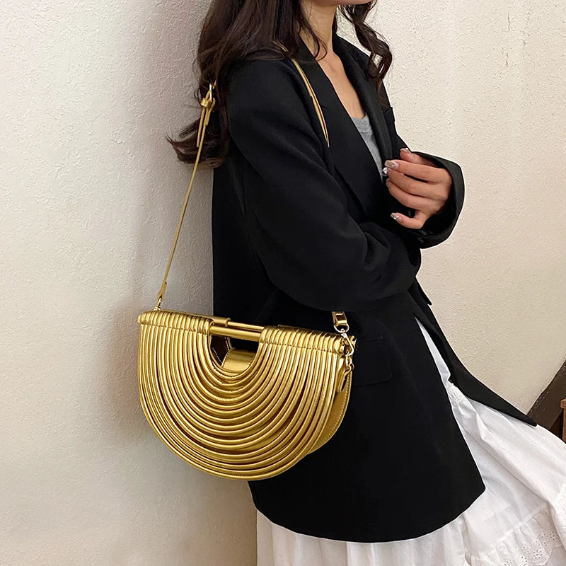 Handbags for Women. New Gold Luxury Designer Brand Handwoven Noodle Bags Rope Knotted Pulled Half Moon Silver Evening Clutch