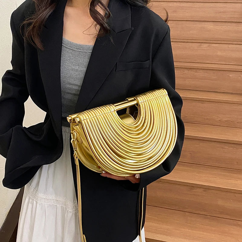 Handbags for Women. New Gold Luxury Designer Brand Handwoven Noodle Bags Rope Knotted Pulled Half Moon Silver Evening Clutch