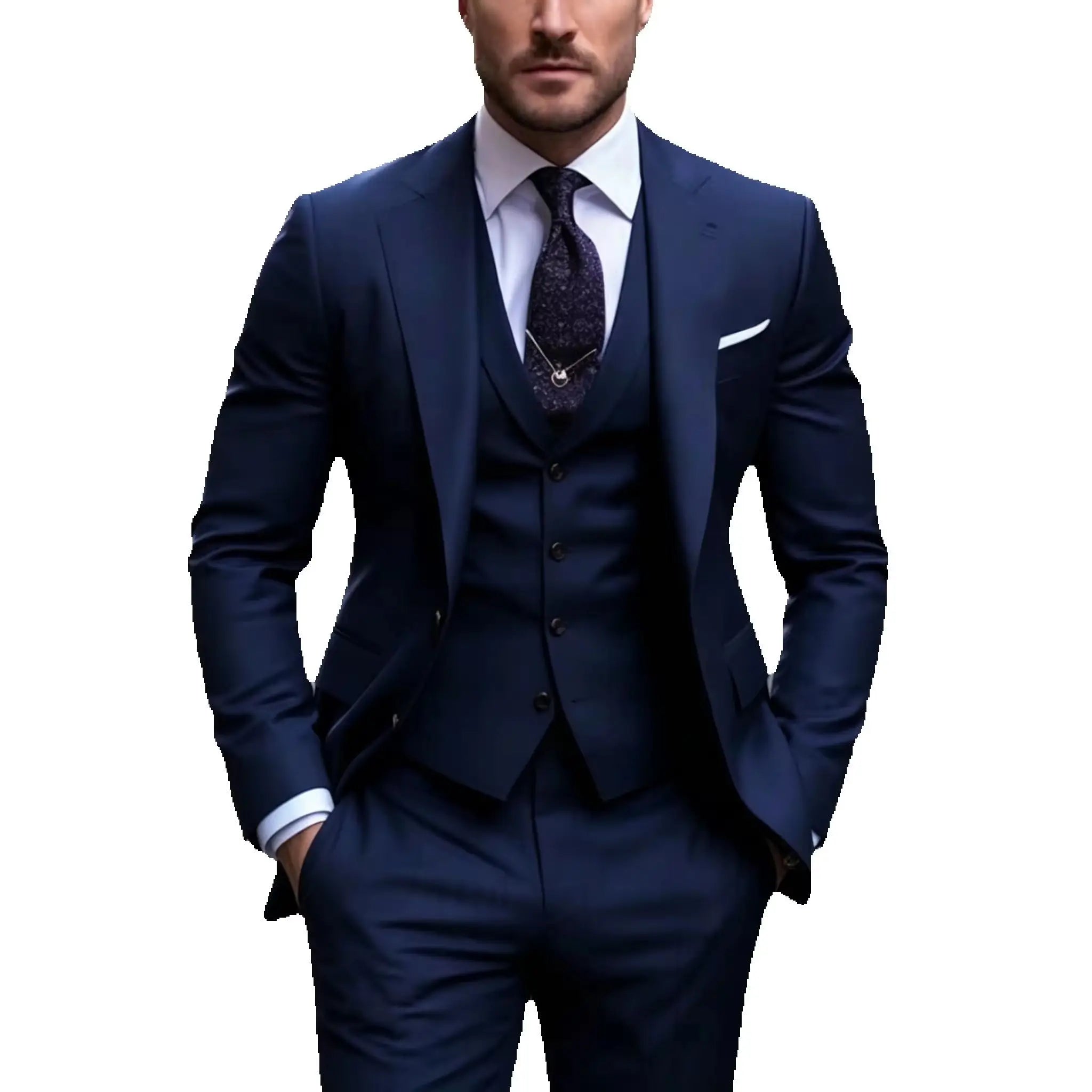 3 Pieces Wedding  Suits for Men Fashion Navy Blue Slim Fit Blazer Vest Pants Set Formal Business Tuxedos for Men Casual Clothing