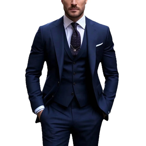 3 Pieces Wedding  Suits for Men Fashion Navy Blue Slim Fit Blazer Vest Pants Set Formal Business Tuxedos for Men Casual Clothing