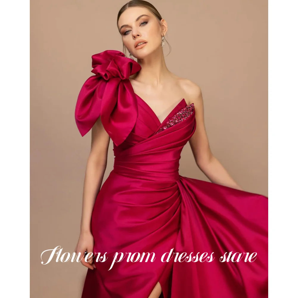 Flowers Red Prom Dresses Trumpet Party Dress Split Evening Dress One Shoulder with Pleats Formal vestido de fiesta Customized