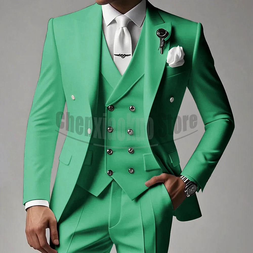 White Men Suits 3 Piece High-end Peak Lapel Solid Color Male Suit Slim Fashion Party Groom Wedding Tuxedos (Blazer+Vest+Pants)
