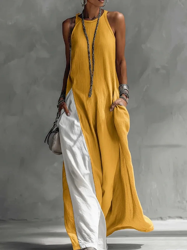 New women’s clothing: sleeveless, loose-fitting, color-blocked, casual, off-the-shoulder dress.