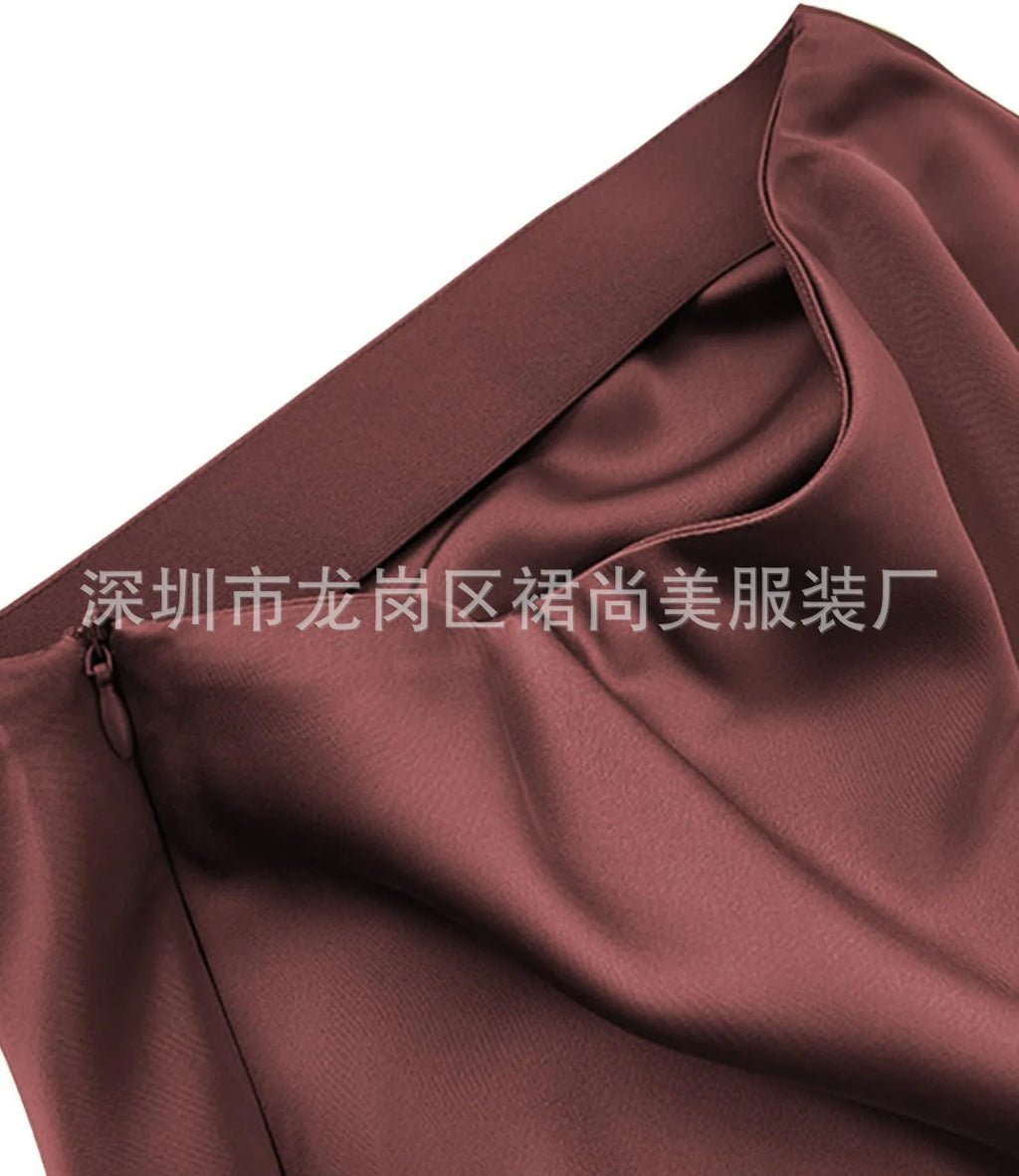 Elegant Faux Silk Satin Skirts for Women High Waist A-line Office Lady  Solid Color Glossy Finish Fishtail Skirt