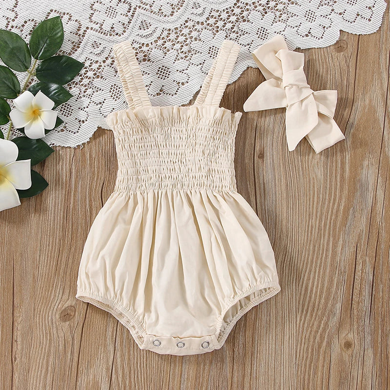 Newborn Baby Girl Romper Sleeveless Ruched Bodysuit Jumpsuit with Headband Infant Summer Baby Girls Clothes Outfits