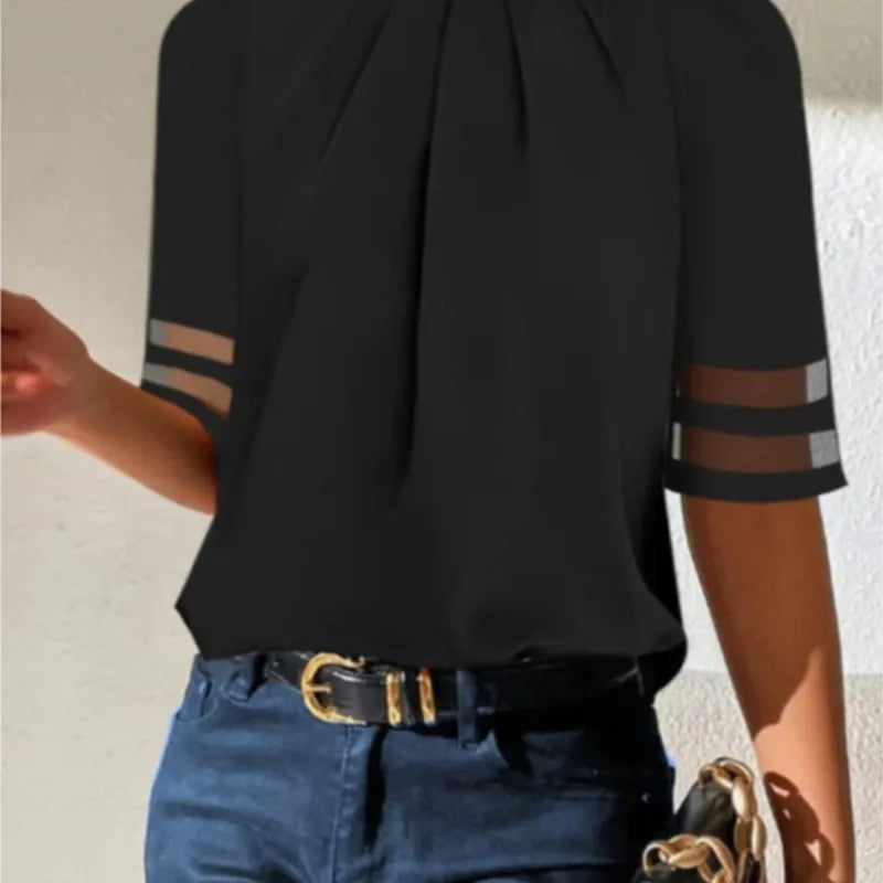 Women's Fashion Black Short-sleeved Shirt Ladies Elegant Casual Turtleneck Top Simple Shirts Women Clothes Summer