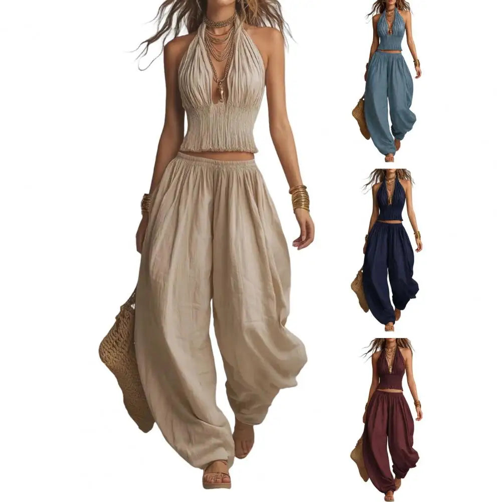 Women's Halter Sleeveless Summer 2 Piece Sets, Pleated Ruffle Backless V Neck Top And Wide Leg Pants Matching Outfits Women