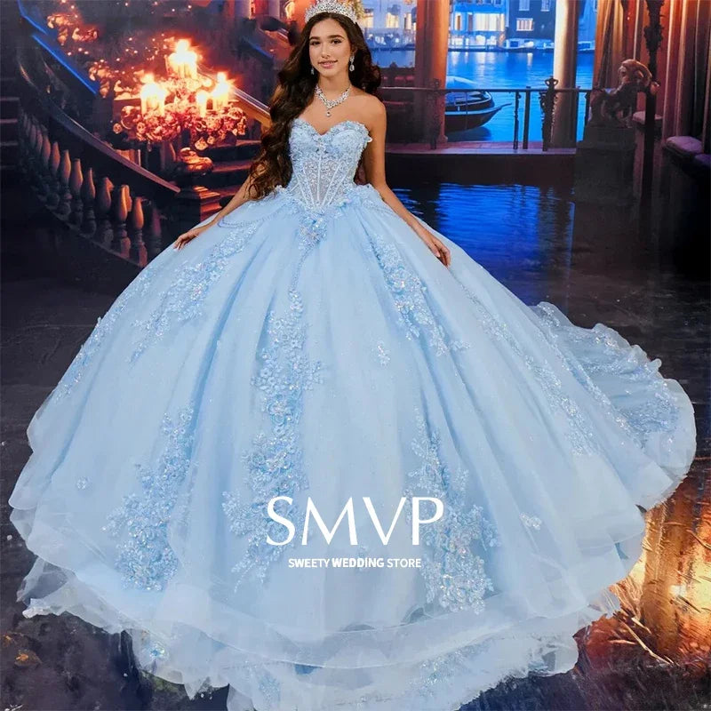 Glamorous Chic Prom Dresses Organza With Embroidery Sequins Quinceanera Dresses Strapless Sleeveless Customized Back Lace Up Bow