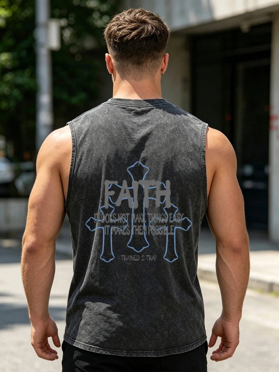 Men's Trendy Cross Print Retro Washed Vest Summer Fitness Everyday Commute Top Casual And Stylish Street Style Pure Cotton Vest