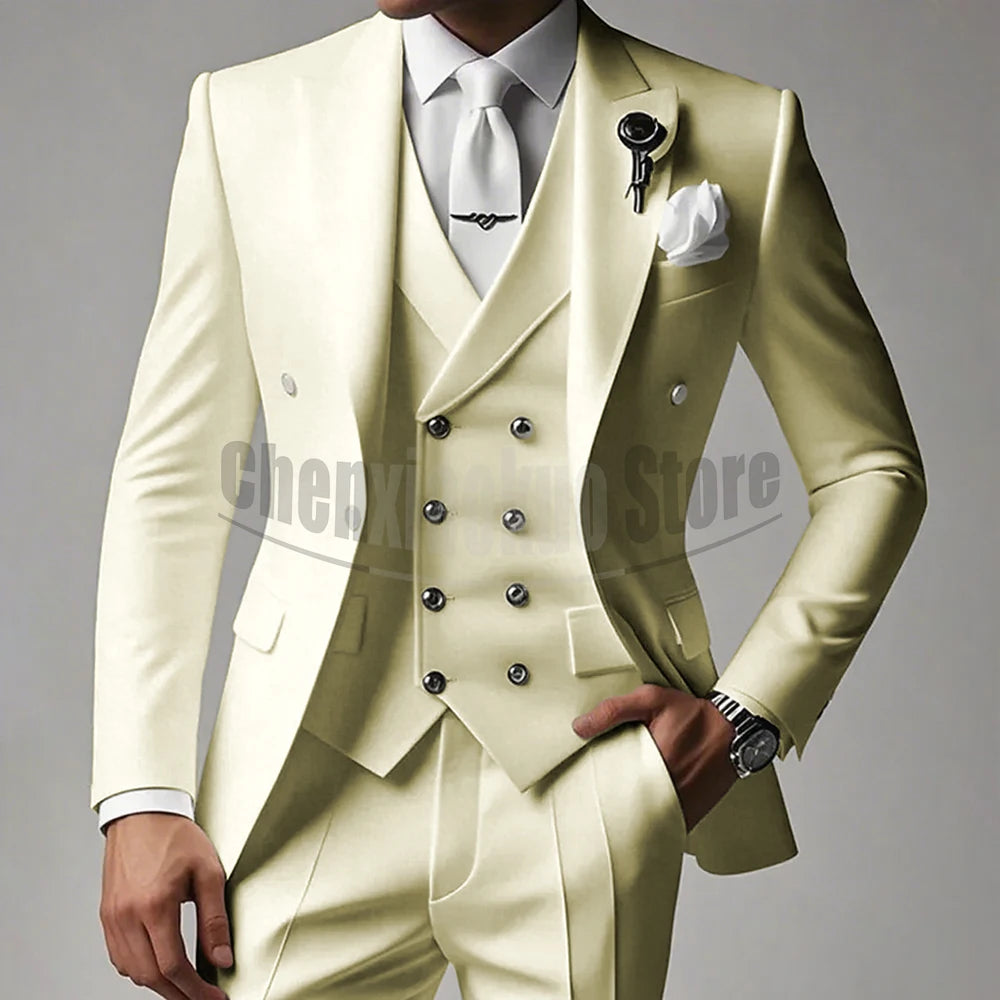 White Men Suits 3 Piece High-end Peak Lapel Solid Color Male Suit Slim Fashion Party Groom Wedding Tuxedos (Blazer+Vest+Pants)