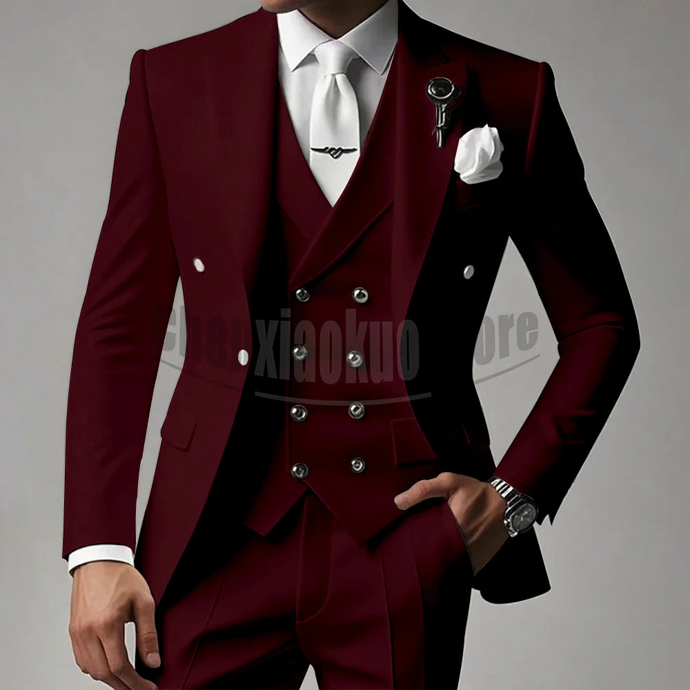 White Men Suits 3 Piece High-end Peak Lapel Solid Color Male Suit Slim Fashion Party Groom Wedding Tuxedos (Blazer+Vest+Pants)