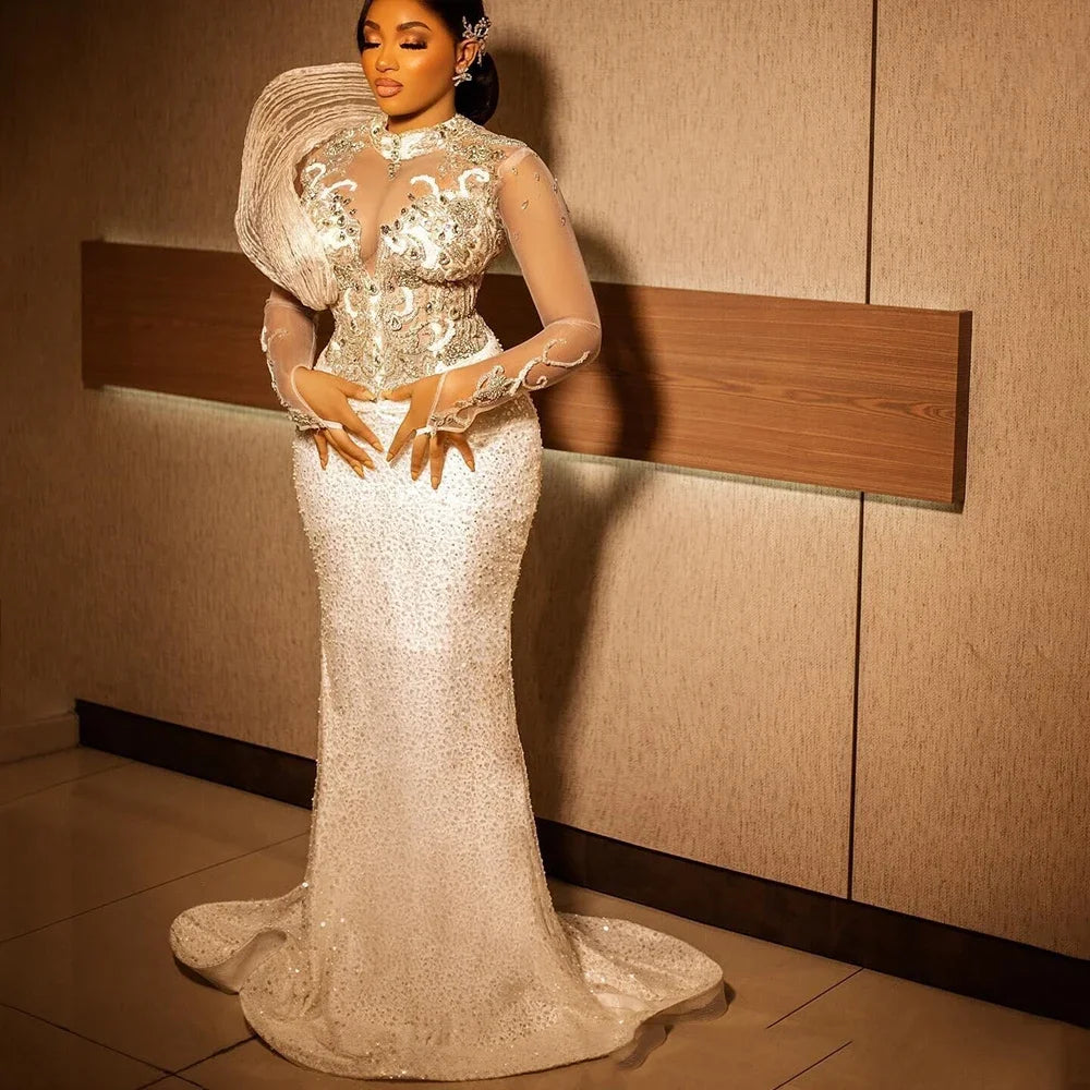 Fashionable Elegant Plus Size Prom Dresses for Black Women Prom Dress High Neck Long Sleeves Rhinestones Decorated Sequined Lace