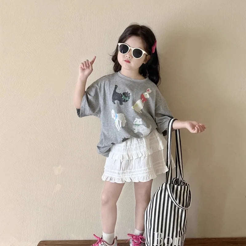 Girls Kids Summer T-Shirt 2026 New Cute Cartoon Print Short Sleeve Tee Casual Loose Fit 100% Cotton Top for Hot Weather