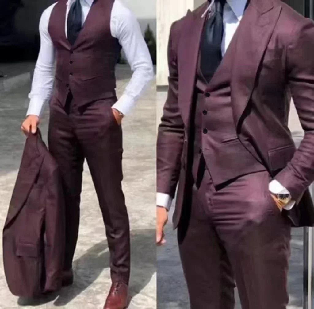 Men's 3-Piece Slim Fit Tuxedo Suits for Wedding Peaked Lapel Groomsmen Blazer Pant Vest Set Business Dress Code