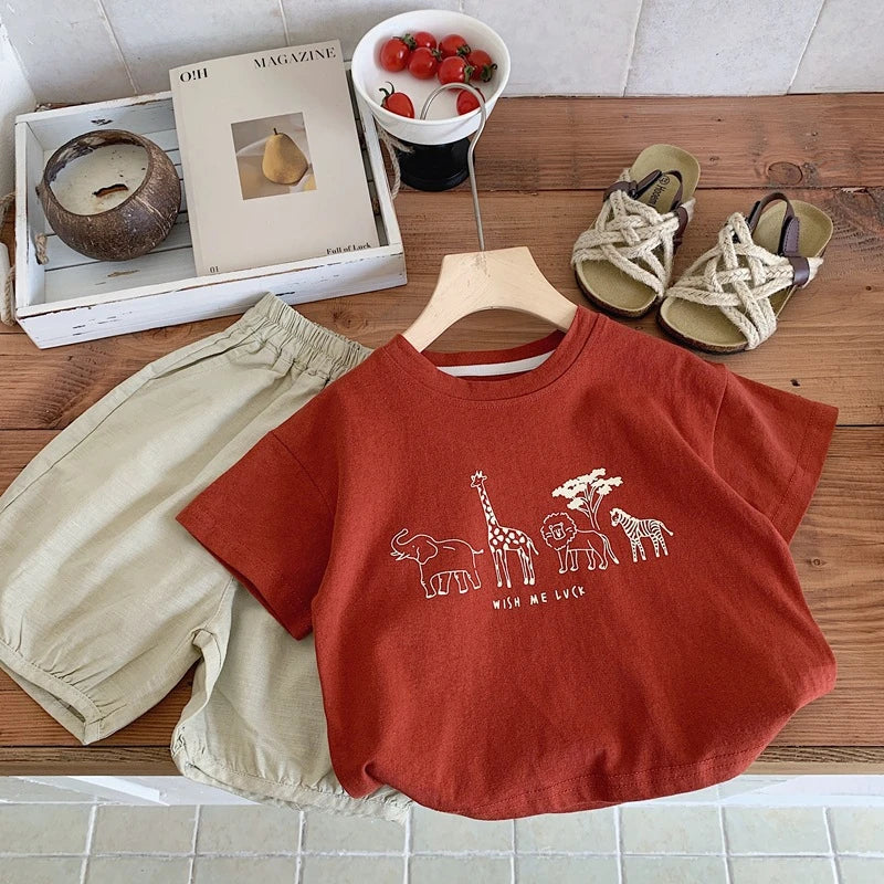 Summer Children Clothes Summer Tops Tees Cartoon Printed Girl And Boy Short Sleeve T-shirt Kids Simple Fashion Tshirts Crewneck