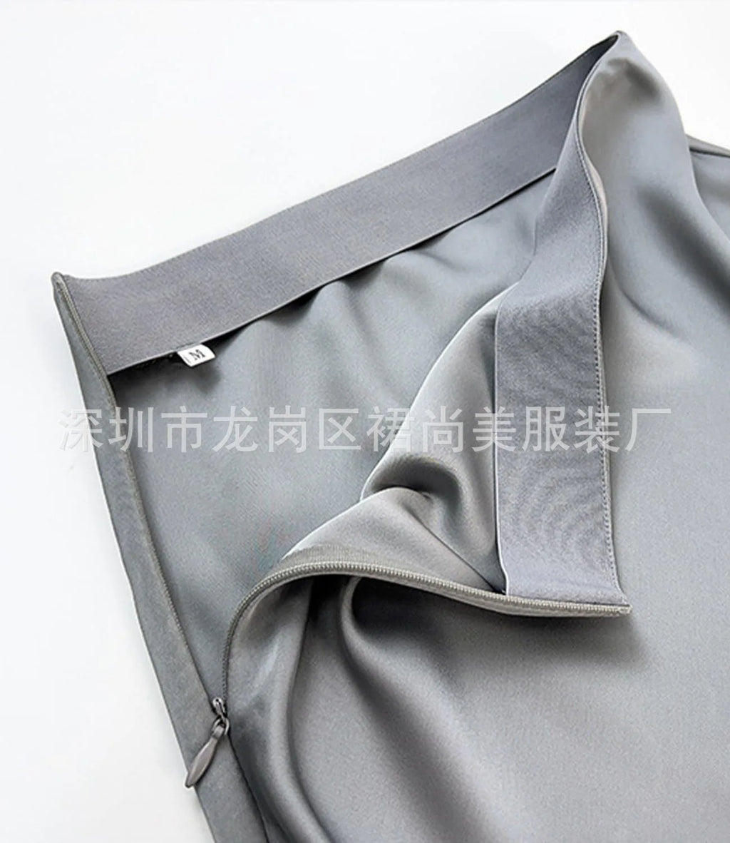 Elegant Faux Silk Satin Skirts for Women High Waist A-line Office Lady  Solid Color Glossy Finish Fishtail Skirt