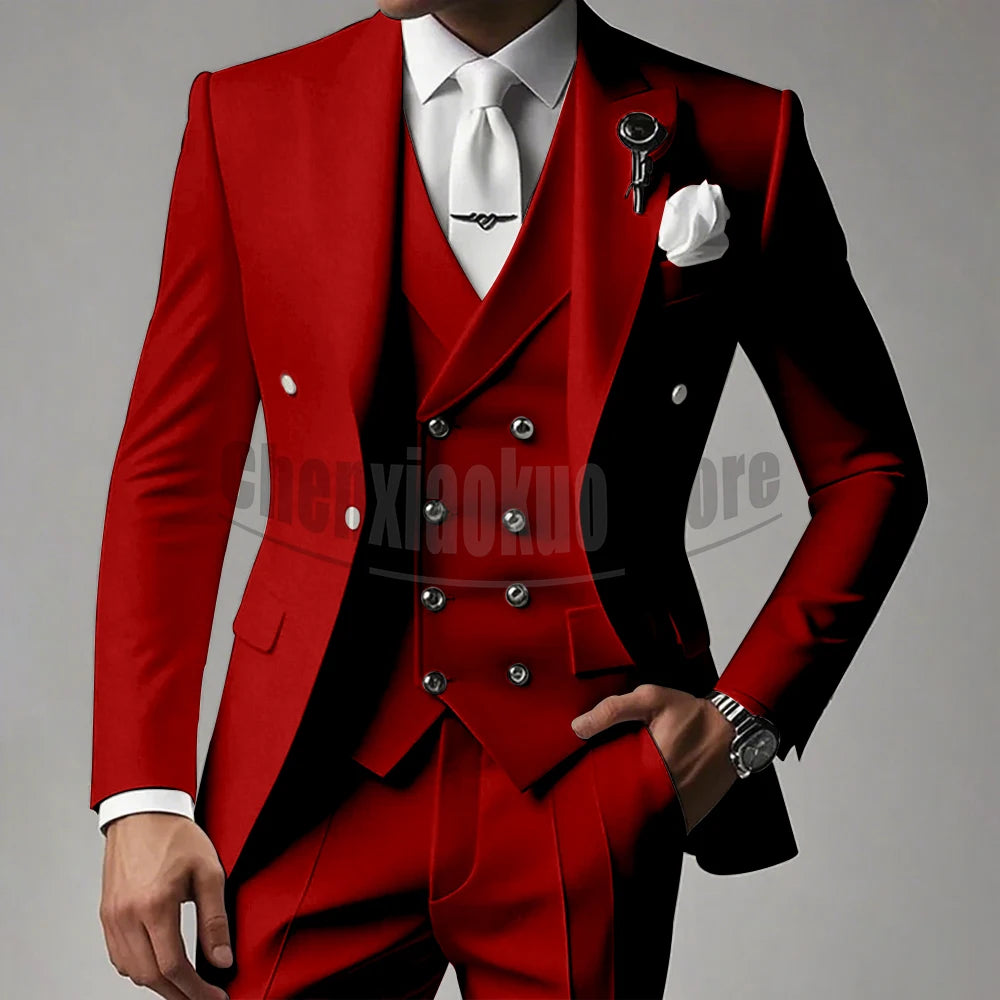 White Men Suits 3 Piece High-end Peak Lapel Solid Color Male Suit Slim Fashion Party Groom Wedding Tuxedos (Blazer+Vest+Pants)