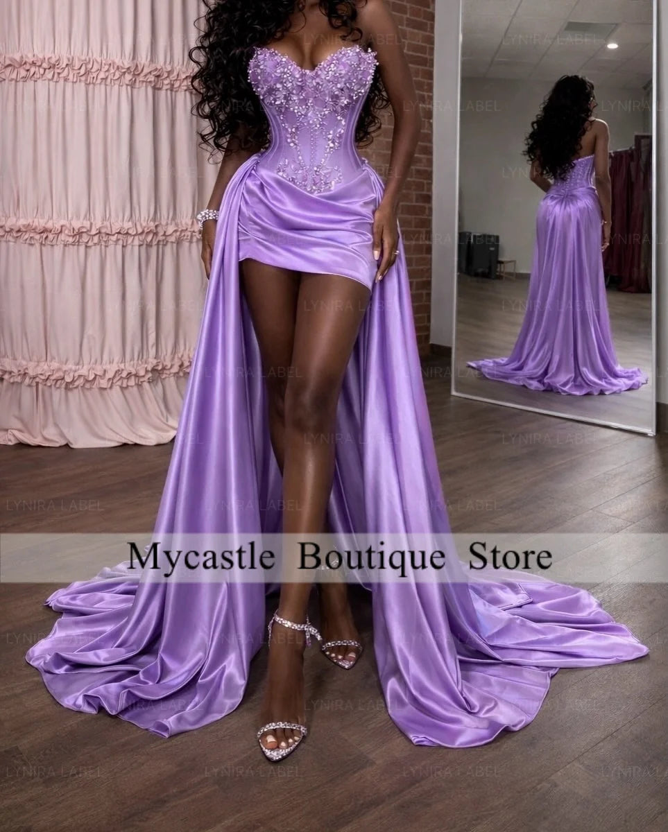 Gorgeous Lavender Purple 3D Floral Prom Dresses Corset Satin Overlay Mermaid Long Train Formal Gala Gown For Women Customized