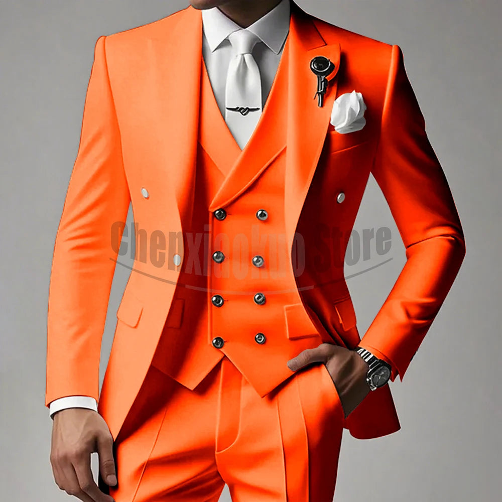 White Men Suits 3 Piece High-end Peak Lapel Solid Color Male Suit Slim Fashion Party Groom Wedding Tuxedos (Blazer+Vest+Pants)