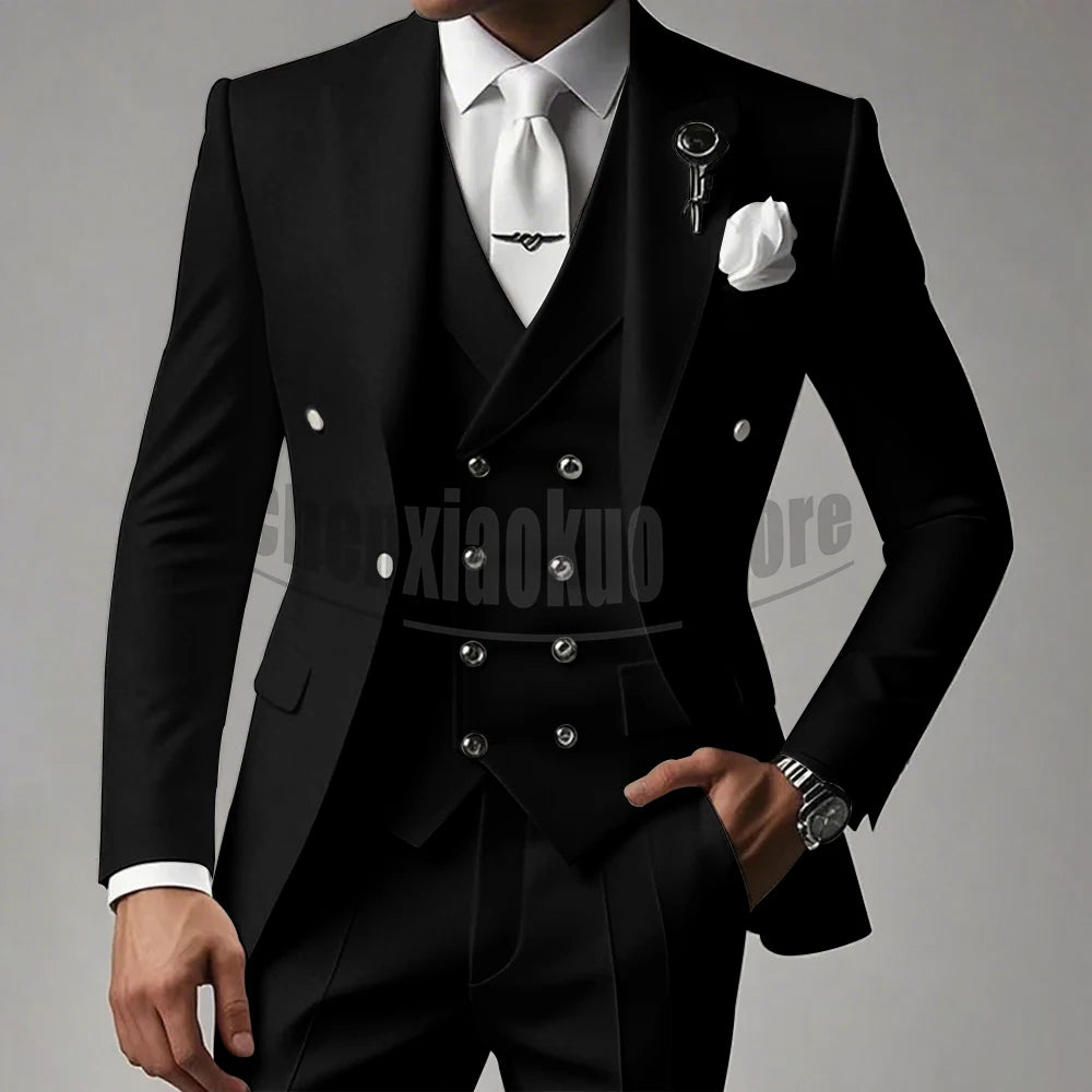 White Men Suits 3 Piece High-end Peak Lapel Solid Color Male Suit Slim Fashion Party Groom Wedding Tuxedos (Blazer+Vest+Pants)