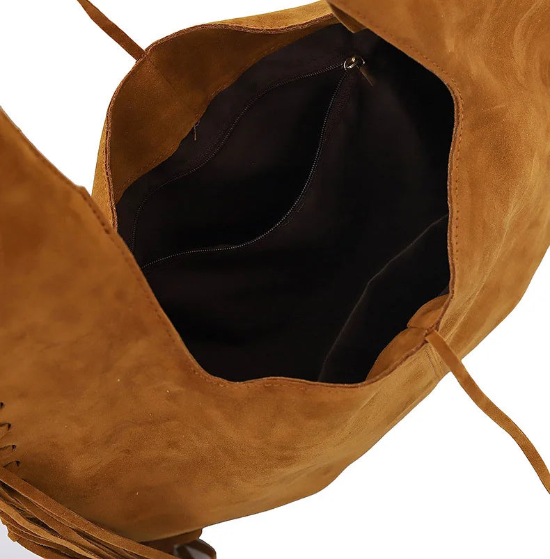 Tassel Crossbody Bag For Women Large Capacity Shoulder Bags Commuter Suede Travel Handbags Solid Color Purse Handbags