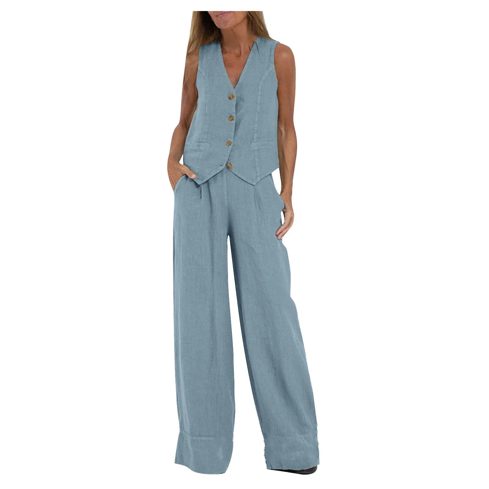 2025 New Women Vest Top + Trousers Patchwork Cotton Linen Casual Suit Summer Solid Women Vest Top + Wide Leg Pants Two Peice Set