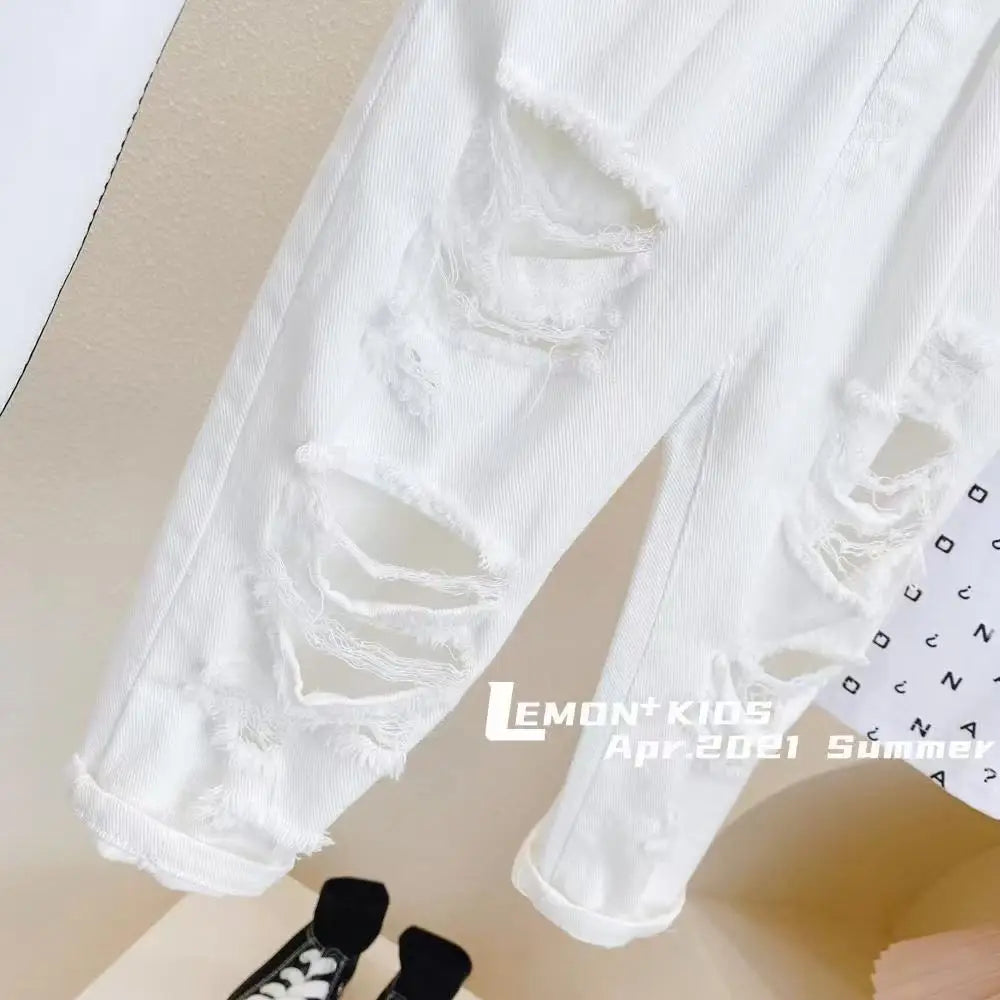 Children's Clothing Spring and Summer New Styles for Boys and Girls Washed Ripped Jeans Children's Cropped Pants Trend 1-12Y