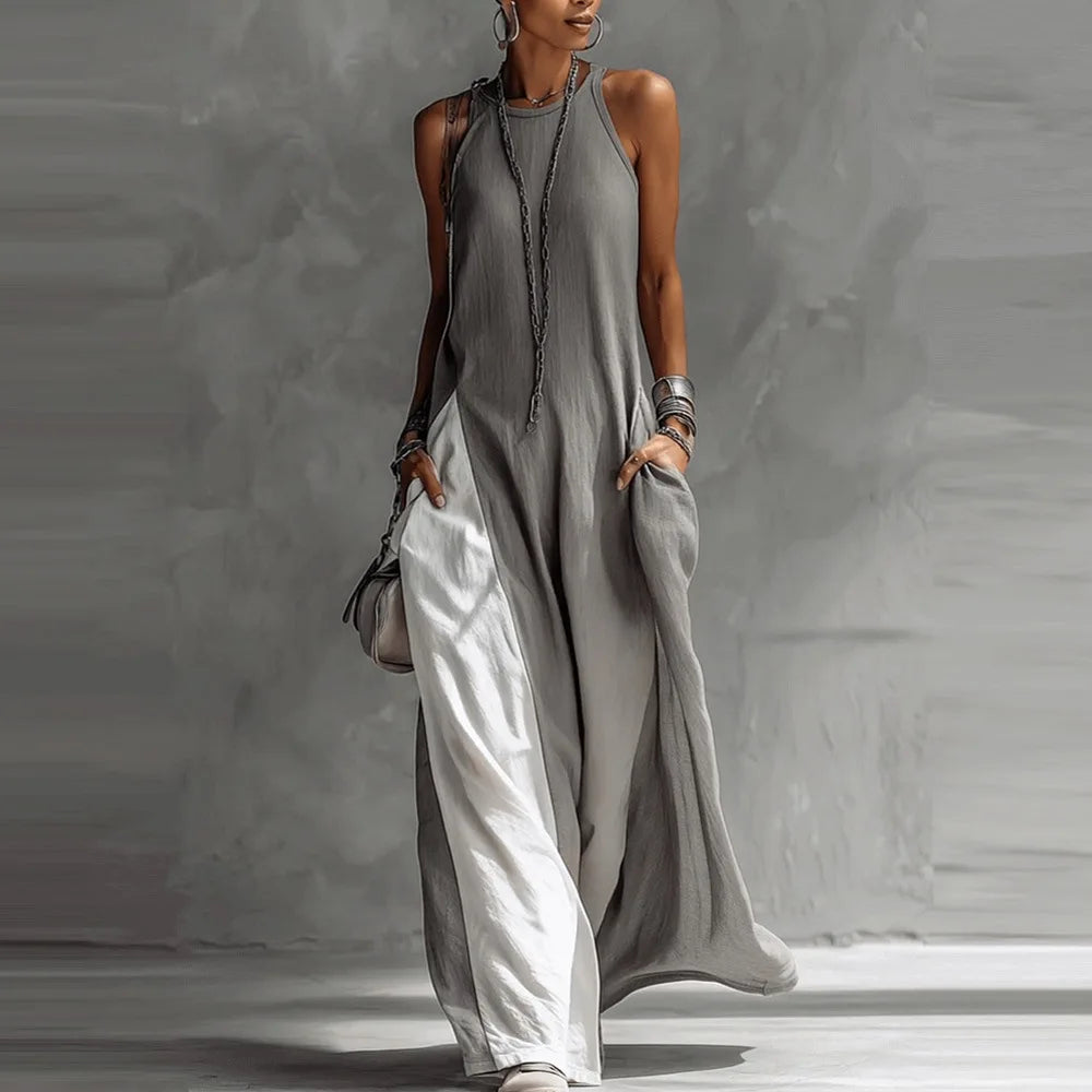 New women’s clothing: sleeveless, loose-fitting, color-blocked, casual, off-the-shoulder dress.
