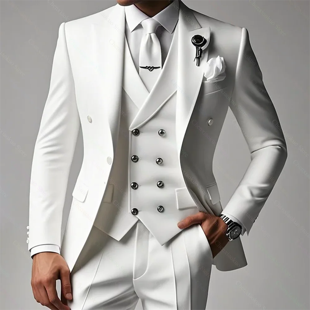 White Men Suits 3 Piece High-end Peak Lapel Solid Color Male Suit Slim Fashion Party Groom Wedding Tuxedos (Blazer+Vest+Pants)